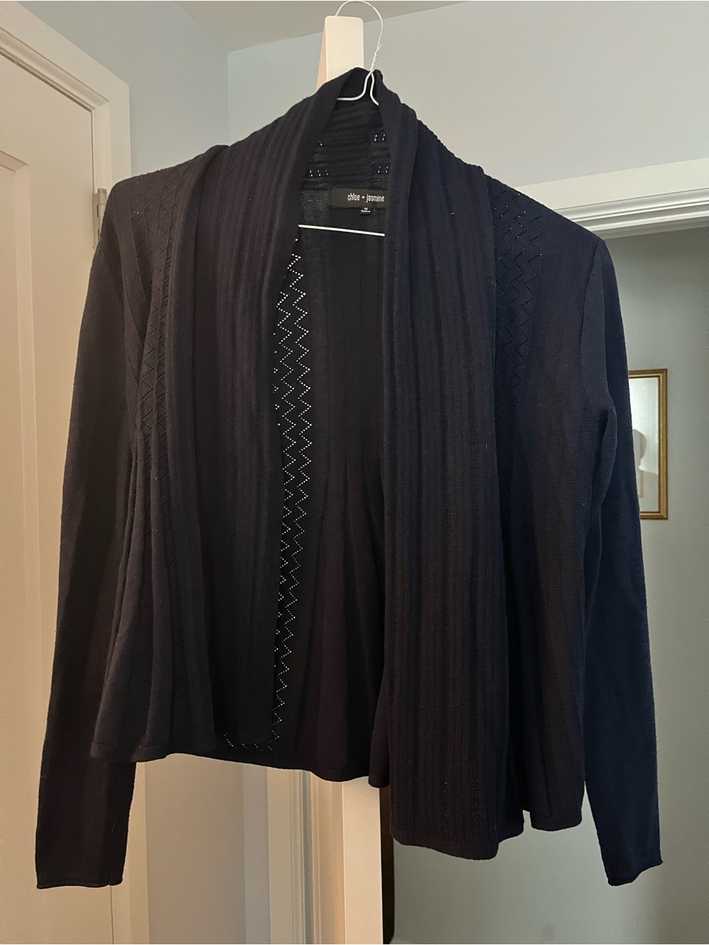 Chloe and Jasmine Navy Open-Front Ribbed Shawl Collar Cardigan